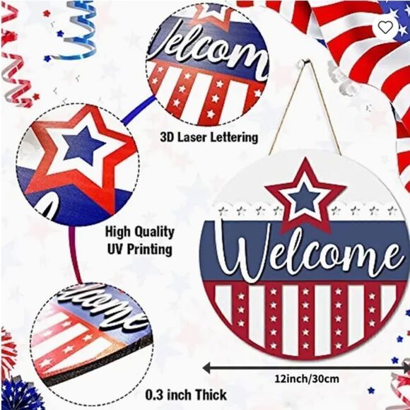 NEW! Farmhouse Americana Patriotic Stars Stripes Round Wooden Door Sign Welcome - Picture 3 of 3